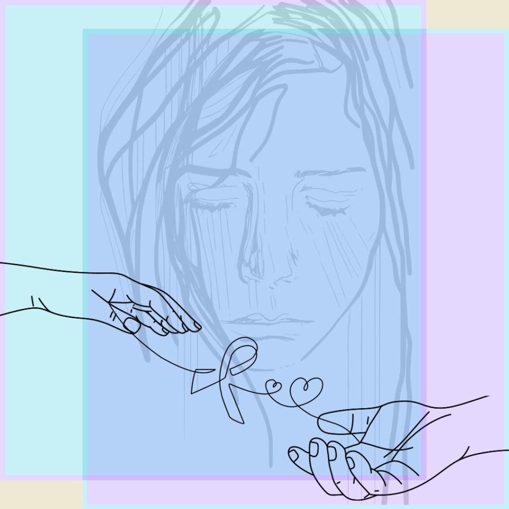 Front page illustration showing a young woman in the background and two hands holding a heart in the foreground